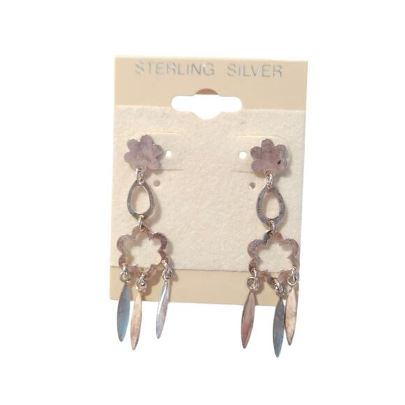 14k rose gold vermeil Sterling Silver 925 Dangle Drop Earrings Flower Posts - Picture 1 of 6